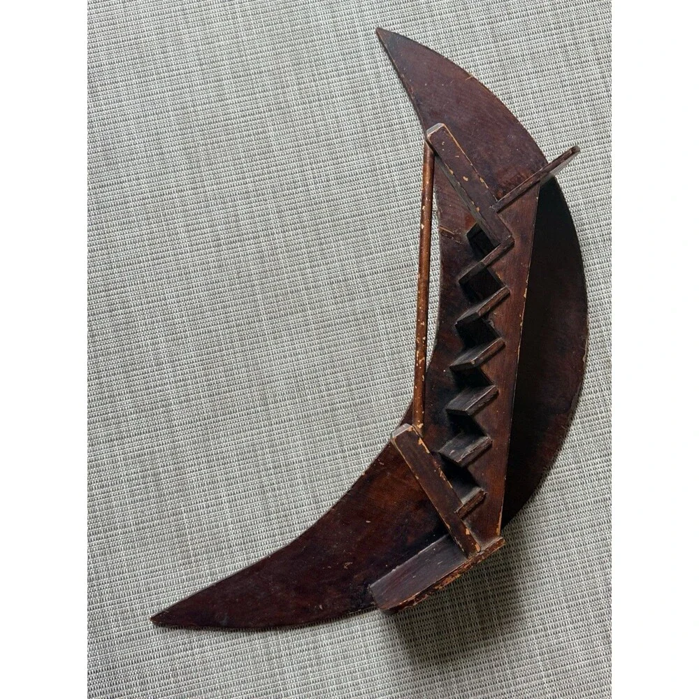 Vintage MCM Crescent Moon Stairway Wall Shelf Wood Hanging Display Folk Art 24”